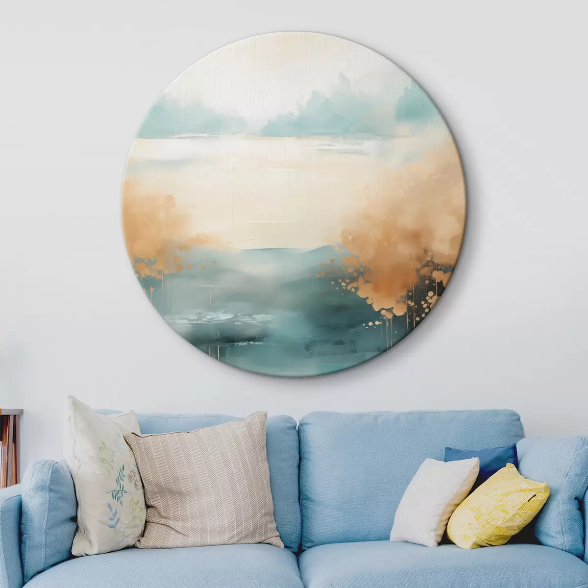 Tableaux rondes Paysage abstrait avec montagnes et lac dans des tons bleu sarcelle et jaune texturé, coups de pinceau doux, œuvre minimaliste r46704