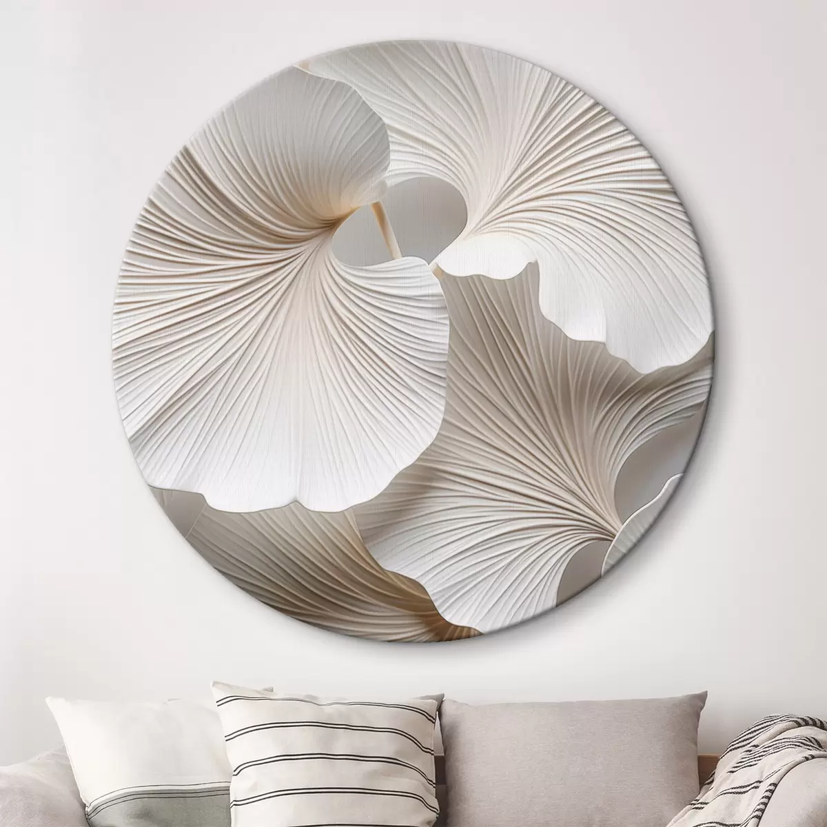 Tableaux rondes Feuilles blanches de ginkgo biloba avec des nervures détaillées, éclairage doux, design élégant et minimaliste texturé. r46705