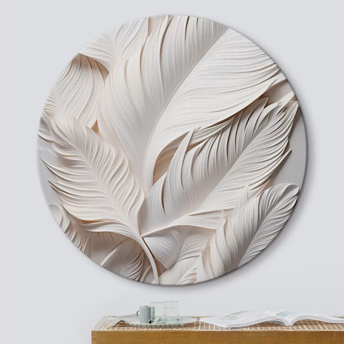 Tableaux rondes Feuilles blanches aux détails complexes, créant un effet texturé et stratifié, art minimaliste r46706