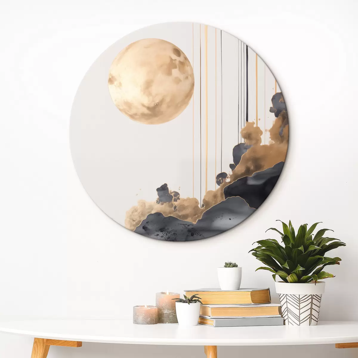 Tableaux rondes Une pleine lune avec des nuages noirs et jaunes texturés, des lignes verticales, un style abstrait, minimaliste et moderne. r46707