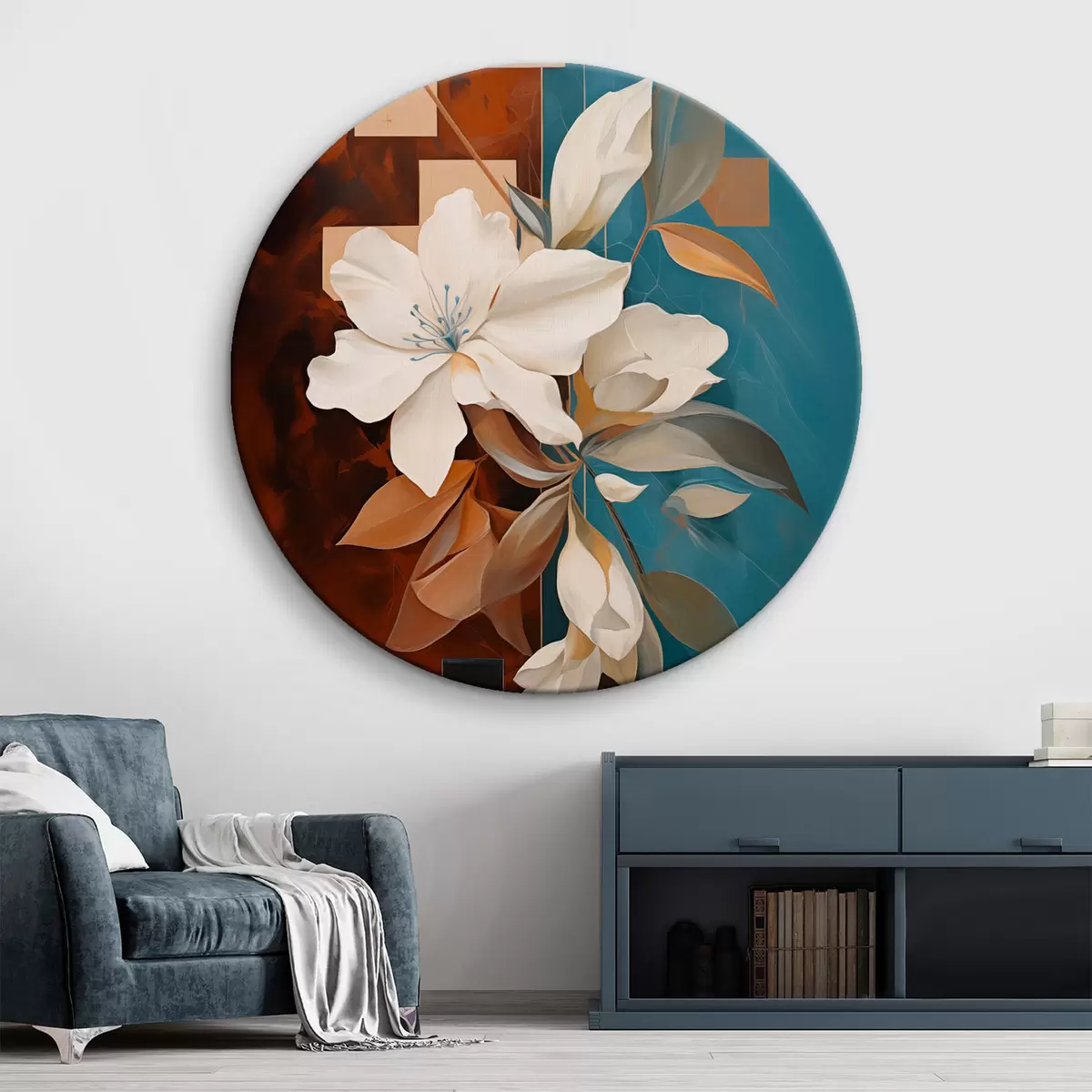 Tableaux rondes Fleurs et feuilles blanches abstraites sur fond brun et bleu avec des formes abstraites, dans un style minimaliste. r46709