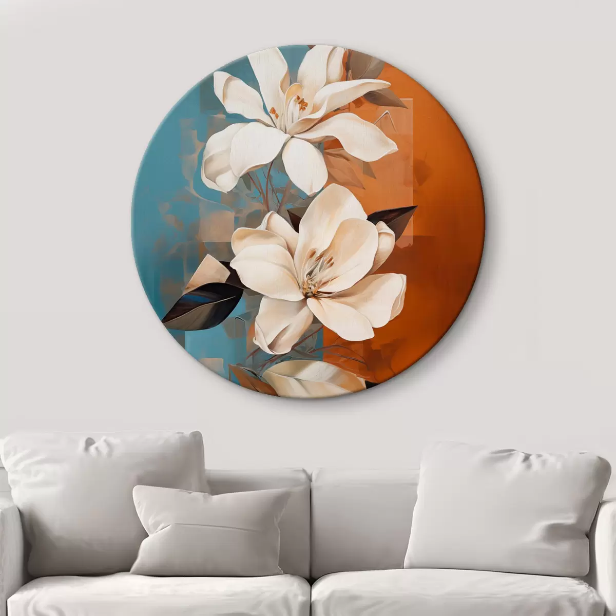 Tableaux rondes Fleurs et feuilles blanches abstraites sur fond brun et bleu avec des formes abstraites, dans un style minimaliste. r46710