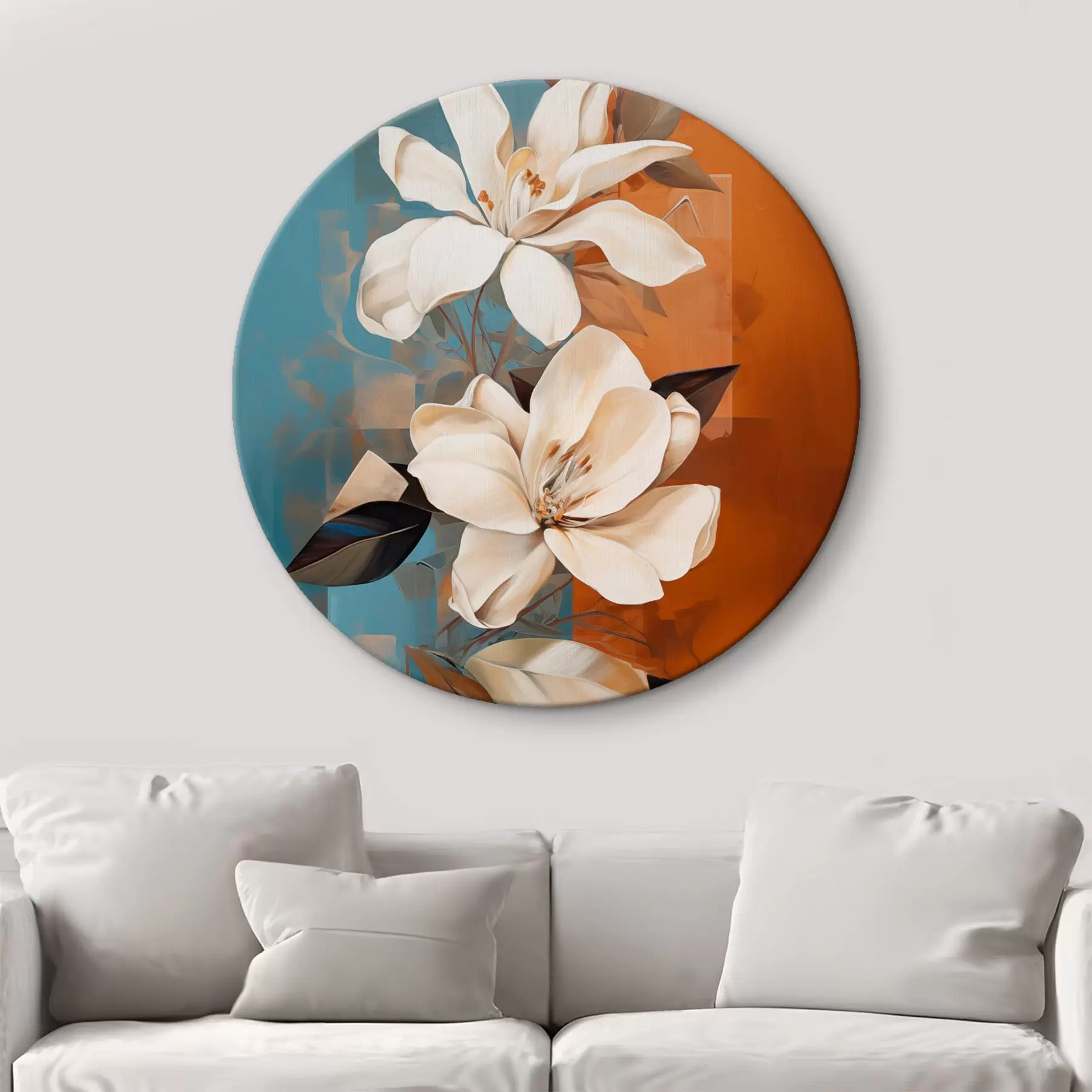 Tableau Fleurs et feuilles blanches abstraites sur fond brun et bleu avec des formes abstraites, dans un style minimaliste r46710