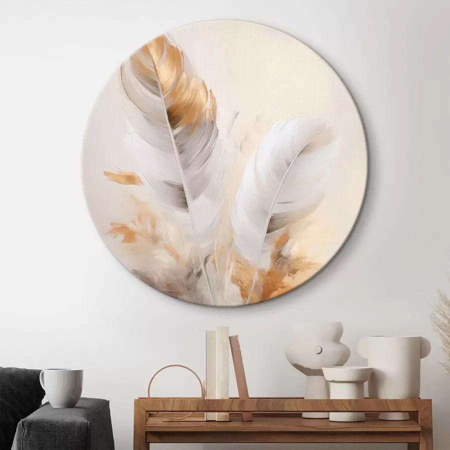 Tableau Plumes abstraites, entourées de plumes beiges et brunes, douces et délicates, sur un fond beige clair. r46711