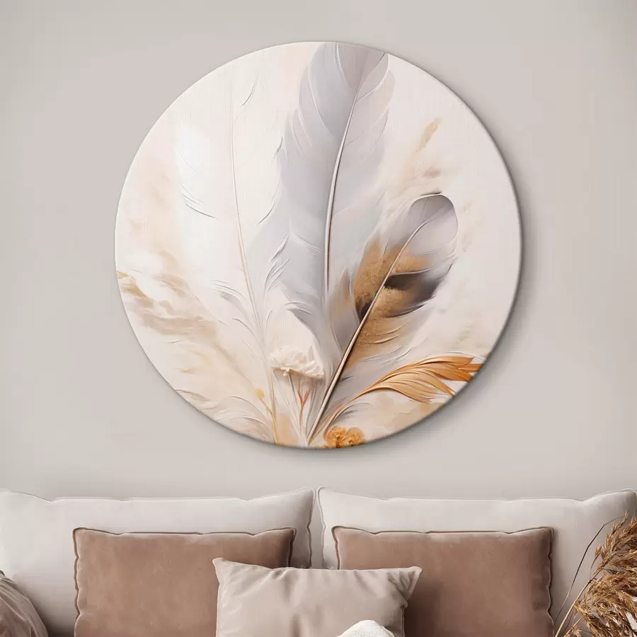 Tableau Plumes abstraites, entourées de plumes beiges et brunes, douces et délicates, sur un fond beige clair. r46712