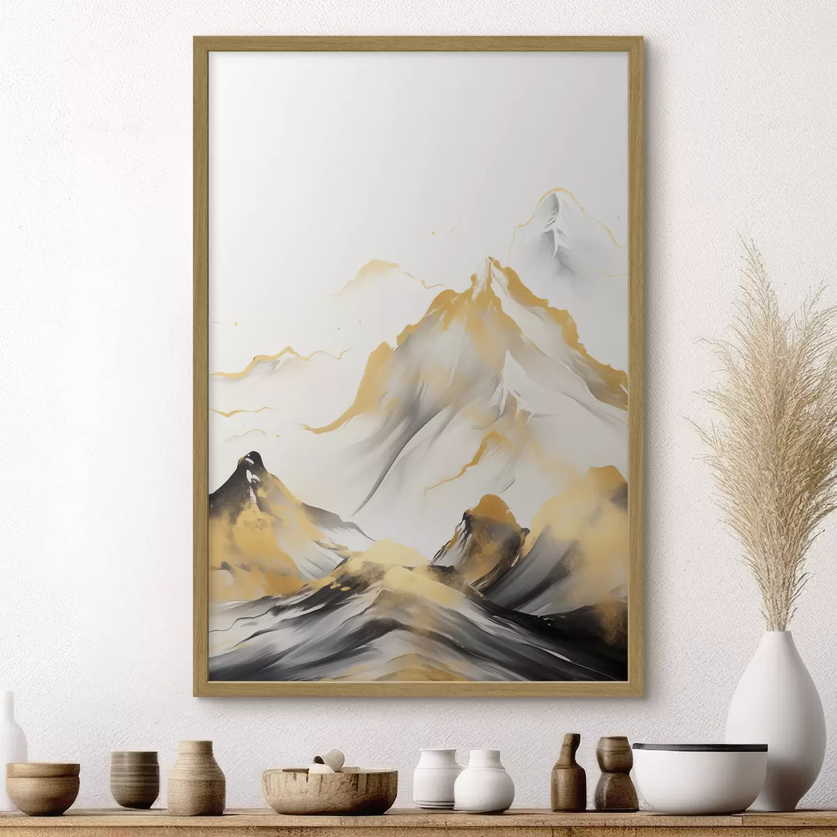 Poster Montagnes texturées jaunes et noires aux sommets enneigés, style peinture à l'encre, chaîne de montagnes minimaliste f46683