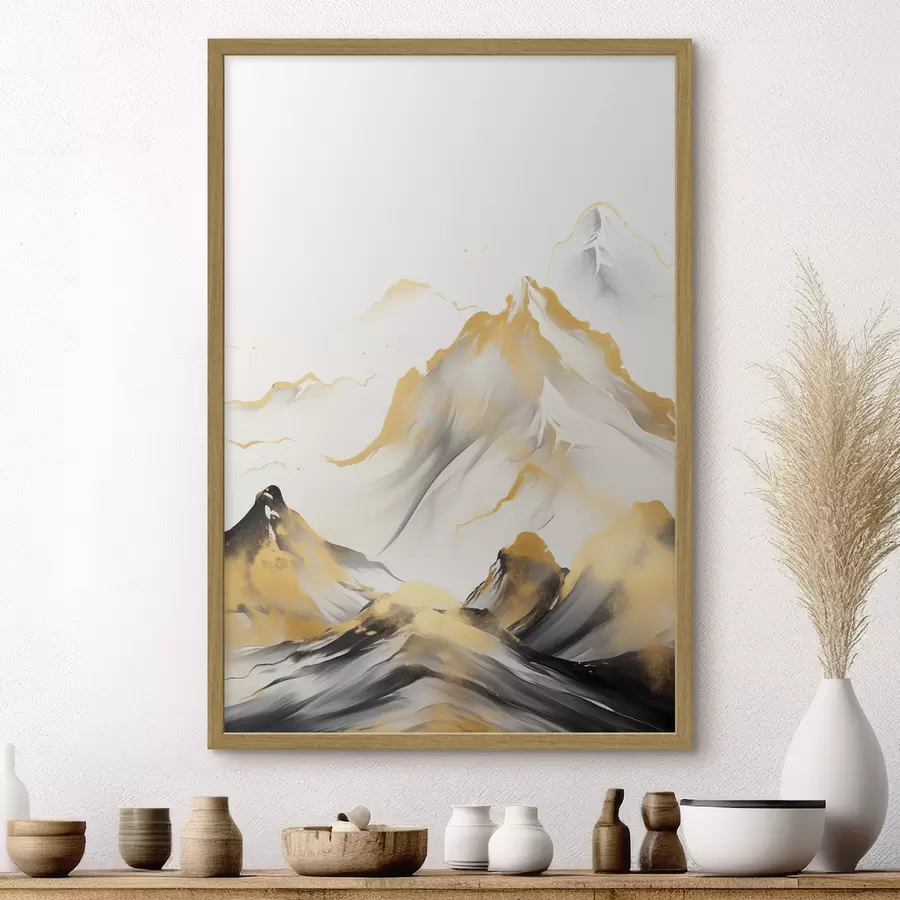Papier peint Montagnes texturées jaunes et noires aux sommets enneigés, style peinture à l'encre, chaîne de montagnes minimaliste f46683