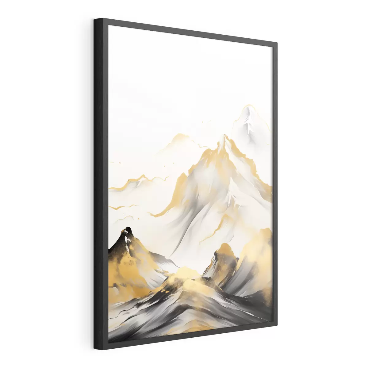 Poster Montagnes texturées jaunes et noires aux sommets enneigés, style peinture à l'encre, chaîne de montagnes minimaliste f46683