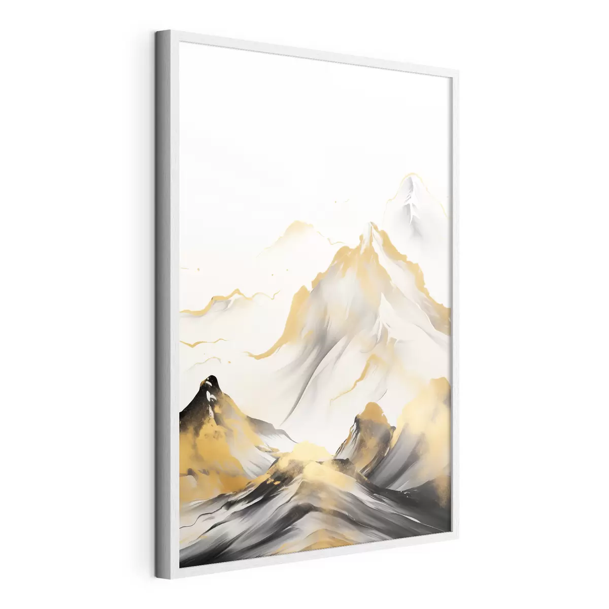 Poster Montagnes texturées jaunes et noires aux sommets enneigés, style peinture à l'encre, chaîne de montagnes minimaliste f46683