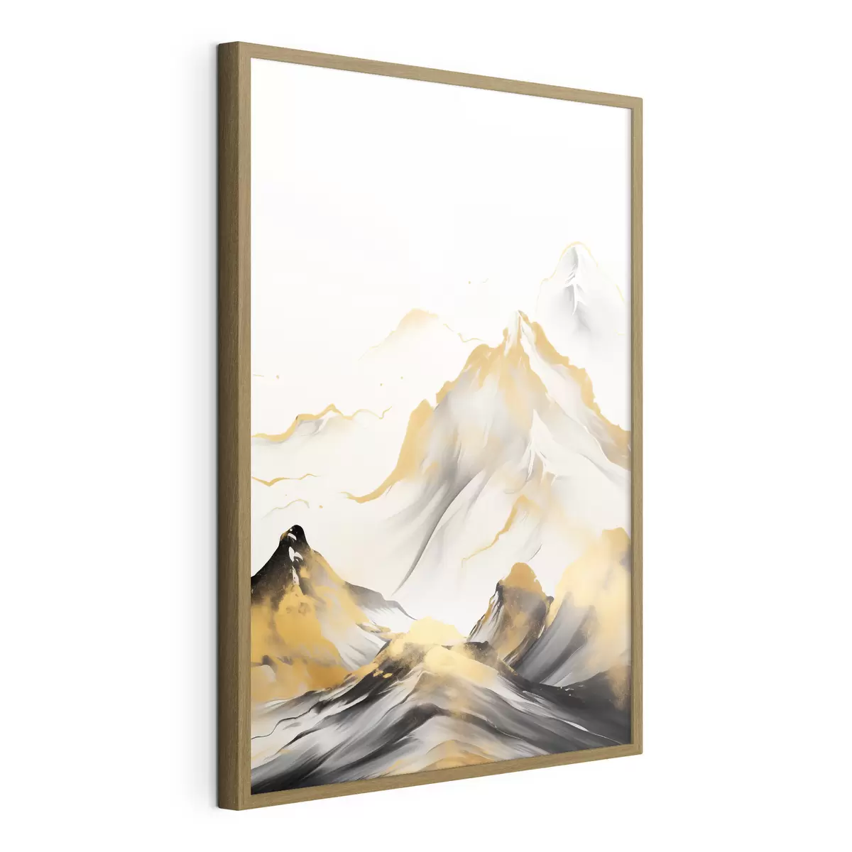 Poster Montagnes texturées jaunes et noires aux sommets enneigés, style peinture à l'encre, chaîne de montagnes minimaliste f46683