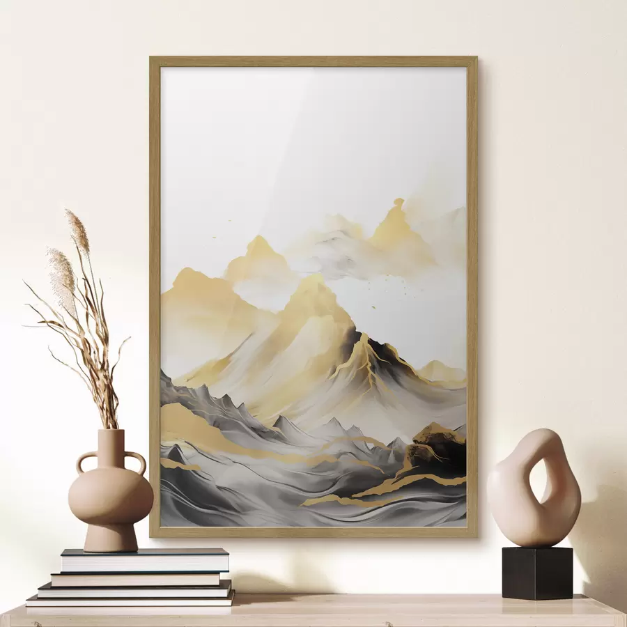 Papier peint Montagnes texturées jaunes et noires aux sommets enneigés, style peinture à l'encre, chaîne de montagnes minimaliste f46684