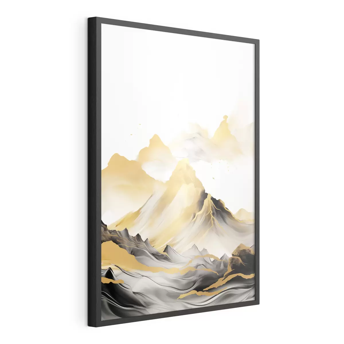 Poster Montagnes texturées jaunes et noires aux sommets enneigés, style peinture à l'encre, chaîne de montagnes minimaliste f46684