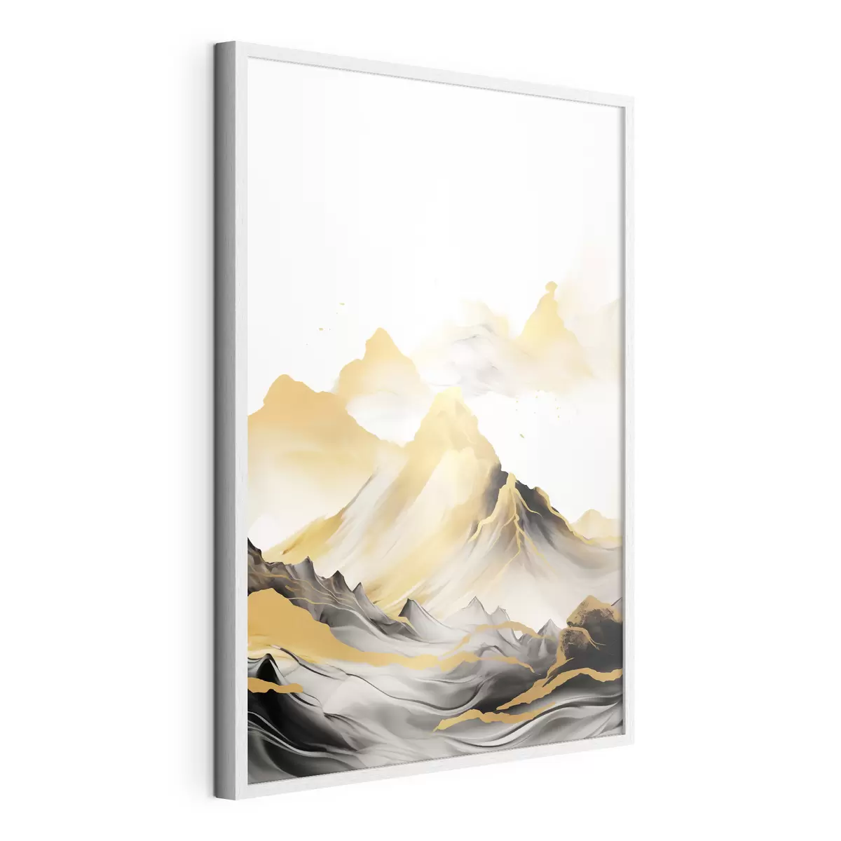 Poster Montagnes texturées jaunes et noires aux sommets enneigés, style peinture à l'encre, chaîne de montagnes minimaliste f46684