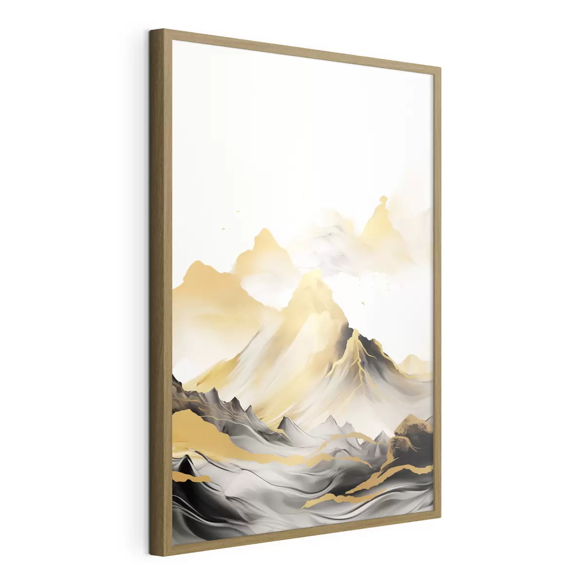 Poster Montagnes texturées jaunes et noires aux sommets enneigés, style peinture à l'encre, chaîne de montagnes minimaliste f46684