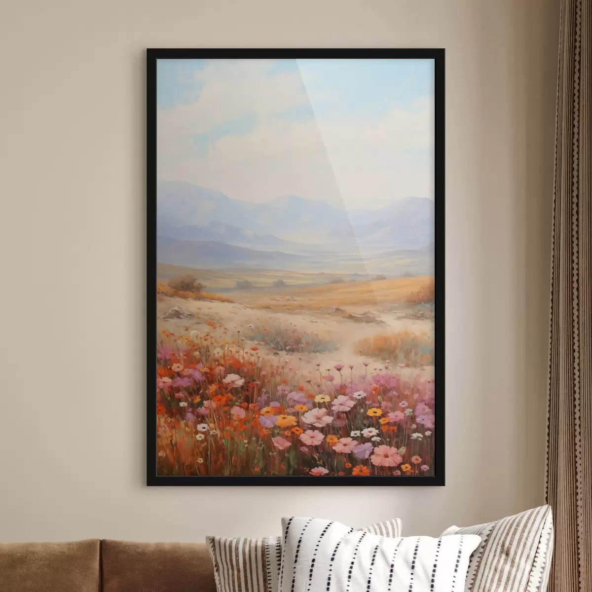 Poster Paysage, champ de fleurs colorées avec des montagnes en arrière-plan, couleurs douces et pastel f46685