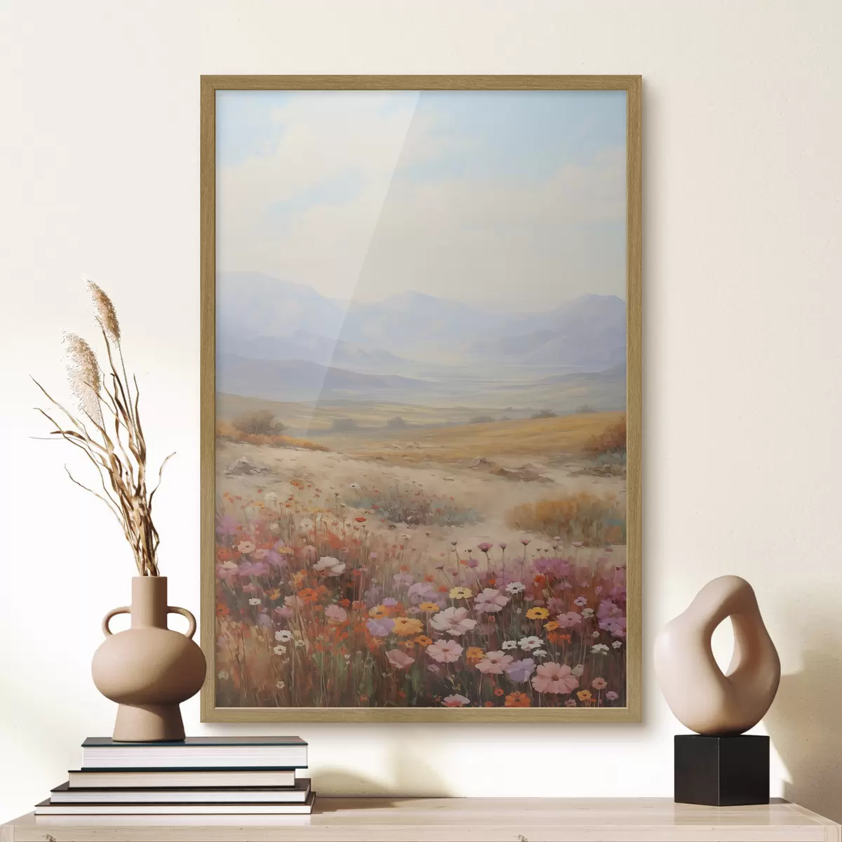 Poster Paysage, champ de fleurs colorées avec des montagnes en arrière-plan, couleurs douces et pastel f46685