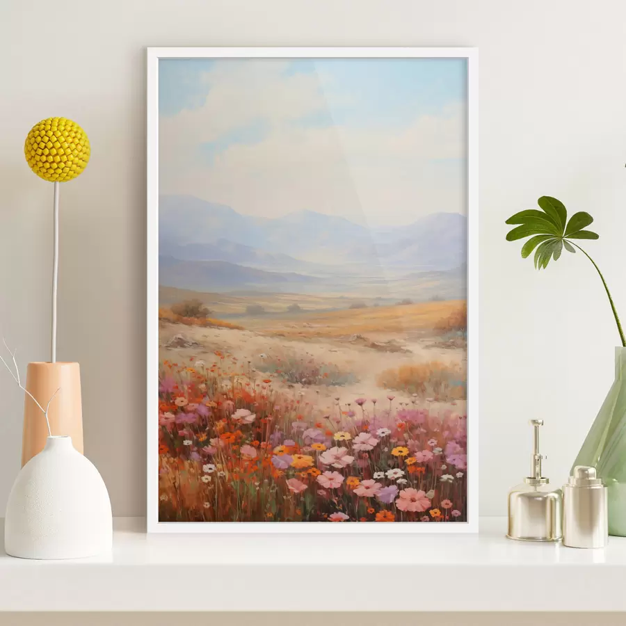Papier peint Paysage, champ de fleurs colorées avec des montagnes en arrière-plan, couleurs douces et pastel f46685