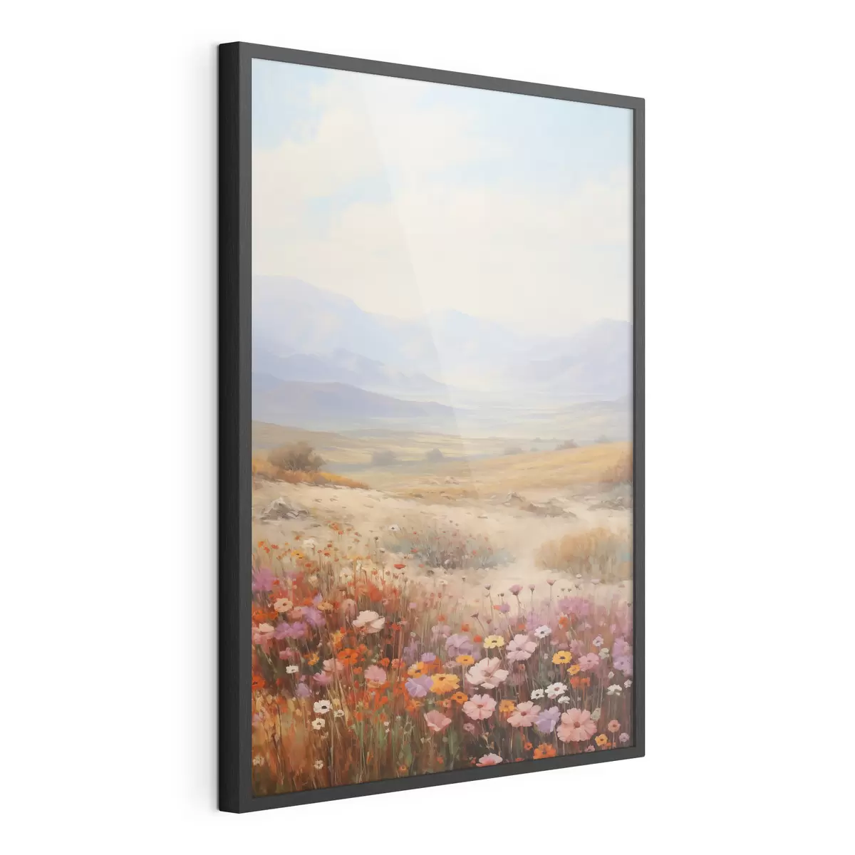 Poster Paysage, champ de fleurs colorées avec des montagnes en arrière-plan, couleurs douces et pastel f46685
