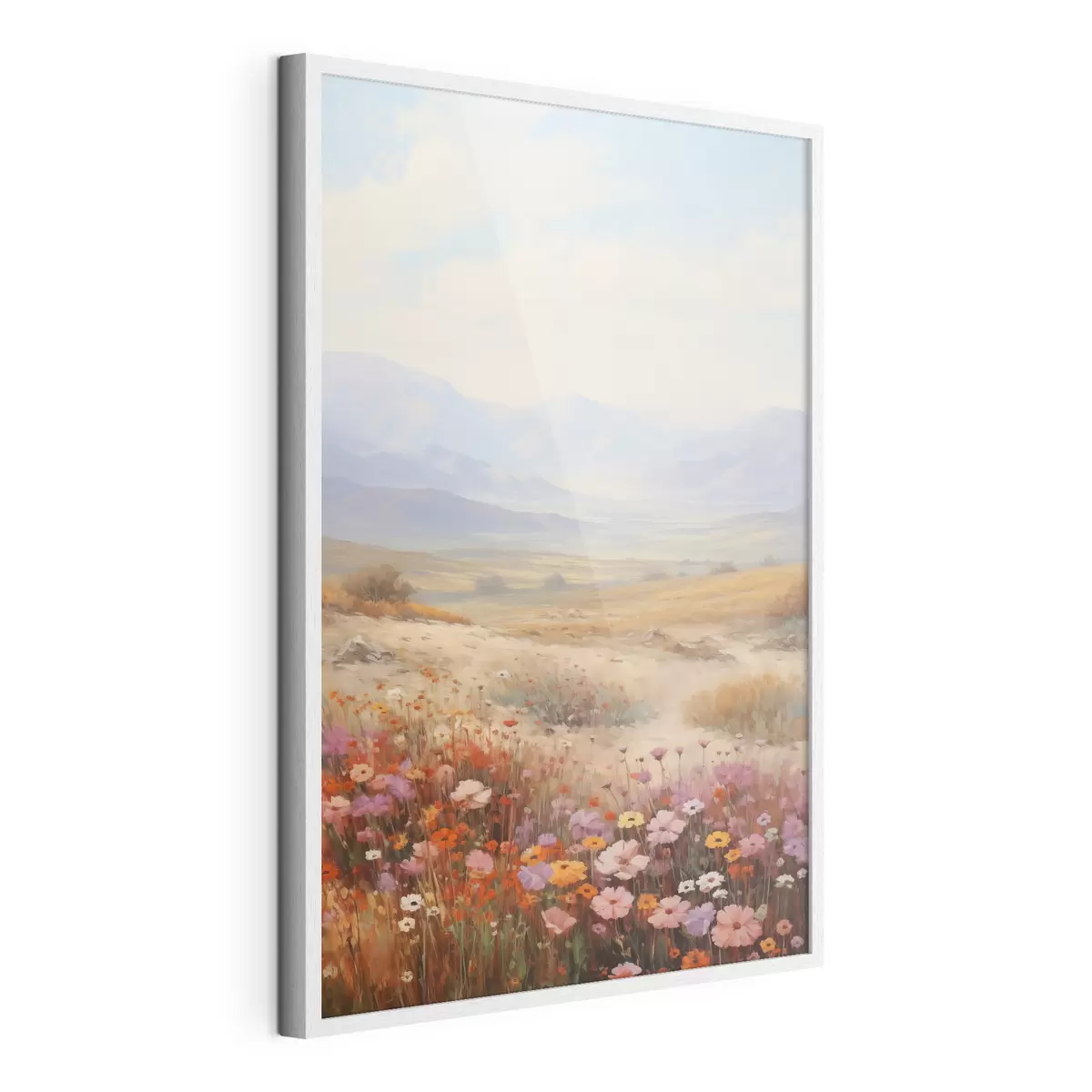 Poster Paysage, champ de fleurs colorées avec des montagnes en arrière-plan, couleurs douces et pastel f46685