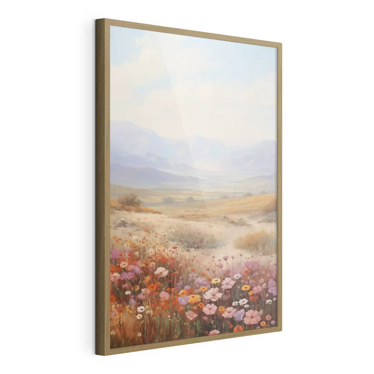Poster Paysage, champ de fleurs colorées avec des montagnes en arrière-plan, couleurs douces et pastel f46685