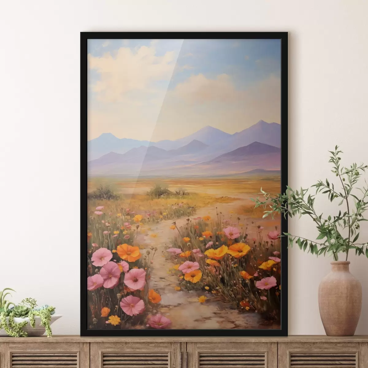 Poster Paysage, champ de fleurs colorées avec des montagnes en arrière-plan, couleurs douces et pastel f46686