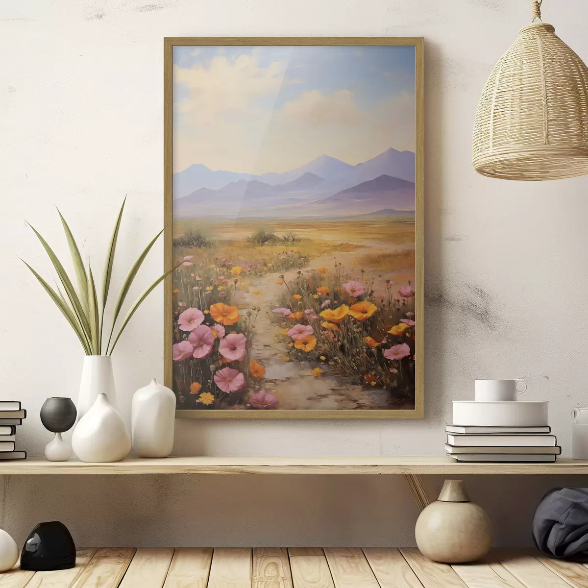 Poster Paysage, champ de fleurs colorées avec des montagnes en arrière-plan, couleurs douces et pastel f46686