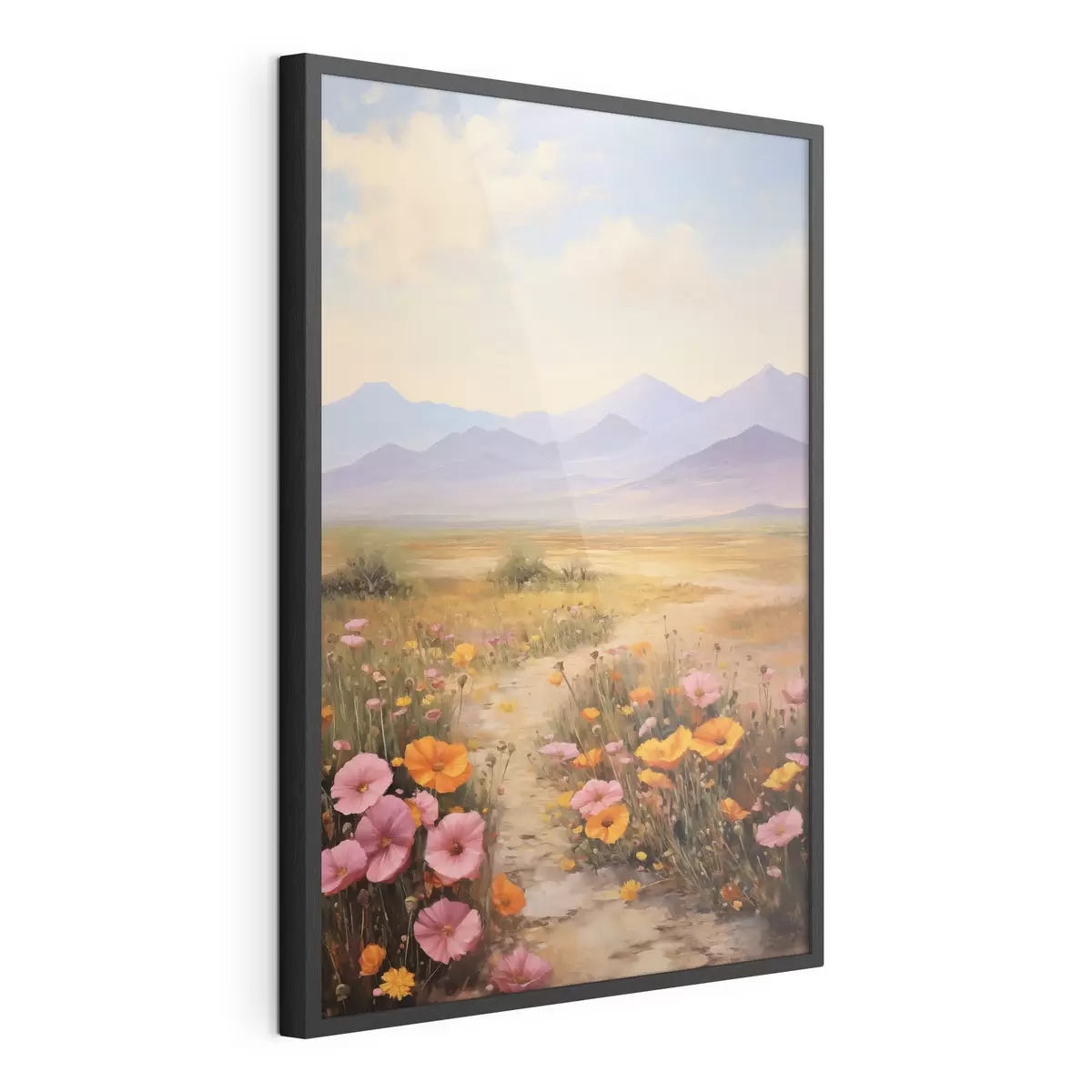 Poster Paysage, champ de fleurs colorées avec des montagnes en arrière-plan, couleurs douces et pastel f46686