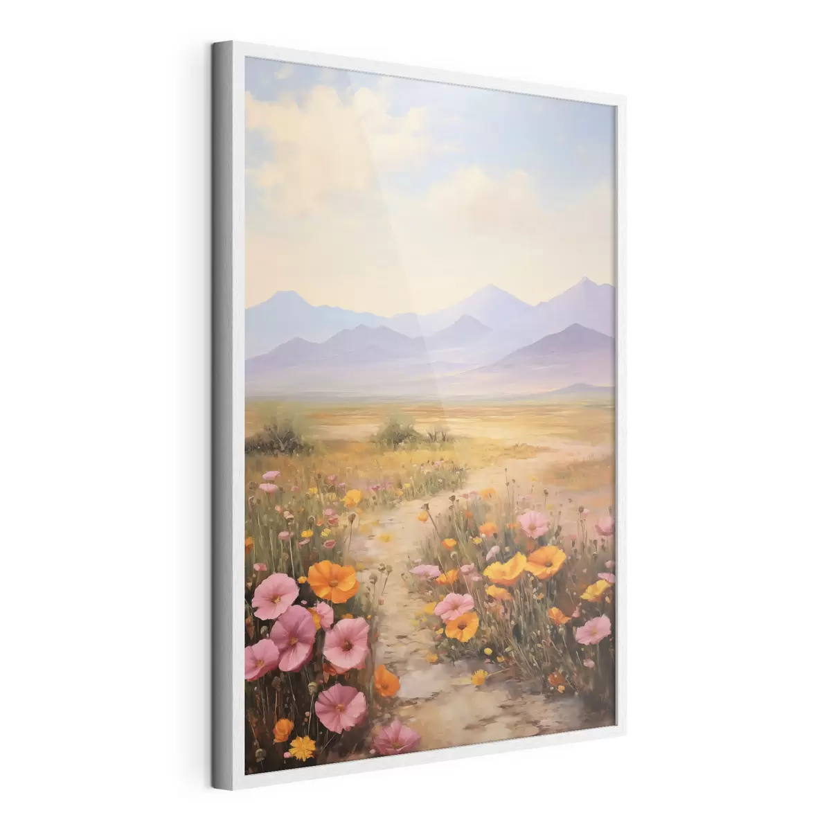 Poster Paysage, champ de fleurs colorées avec des montagnes en arrière-plan, couleurs douces et pastel f46686