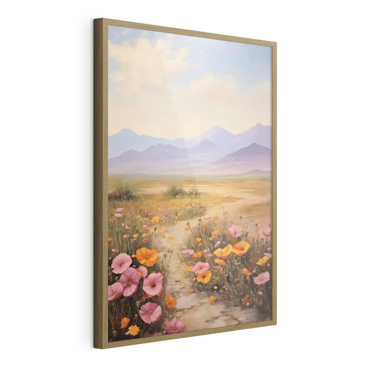 Poster Paysage, champ de fleurs colorées avec des montagnes en arrière-plan, couleurs douces et pastel f46686