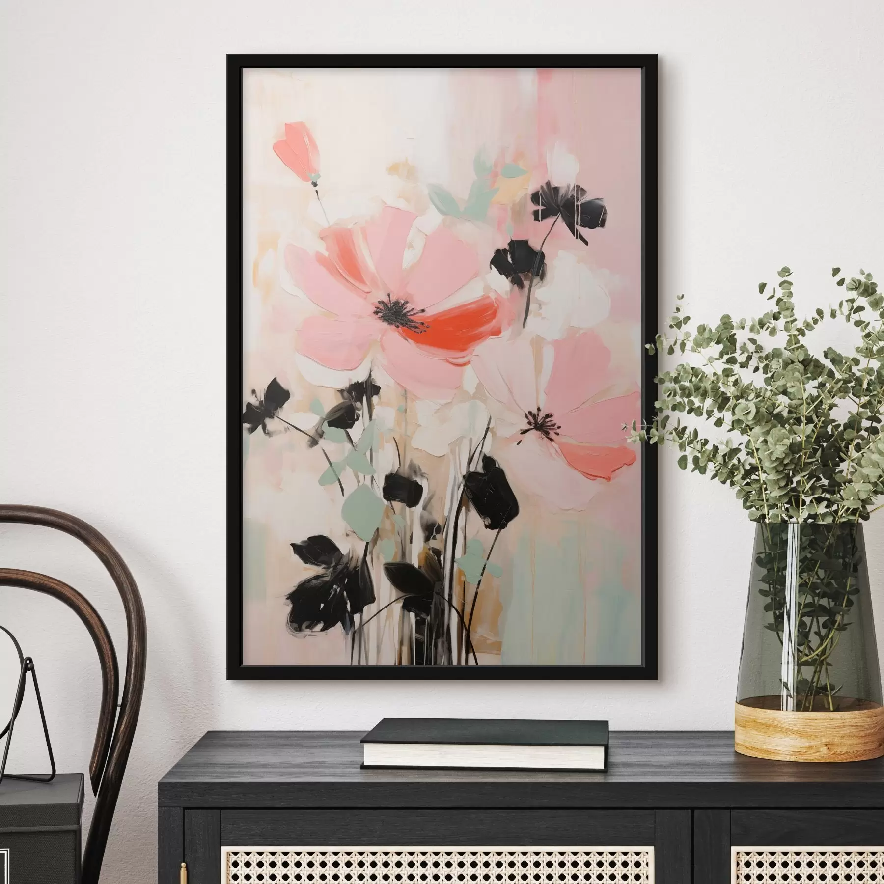 Papier peint Fleurs roses et noires avec des feuilles, couleurs pastel douces, composition florale abstraite, art minimaliste f46687