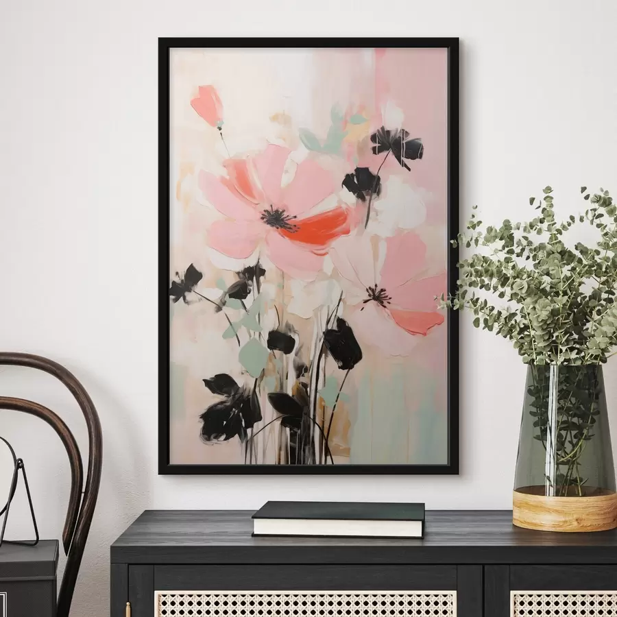 Papier peint Fleurs roses et noires avec des feuilles, couleurs pastel douces, composition florale abstraite, art minimaliste f46687