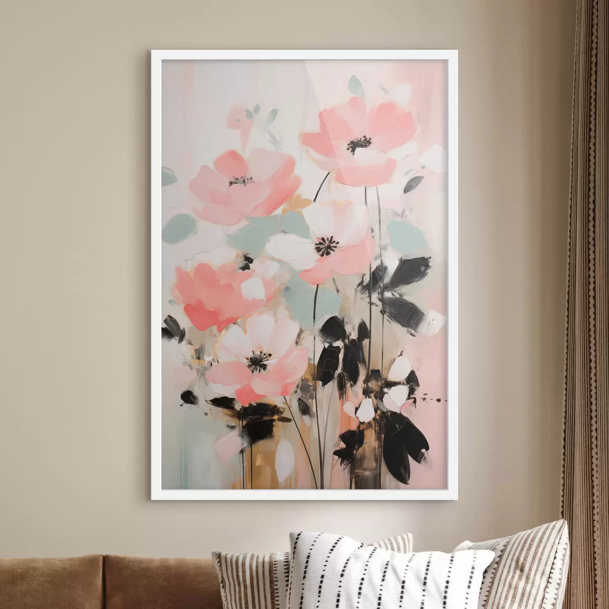Poster Fleurs roses et noires avec des feuilles, couleurs pastel douces, composition florale abstraite, art minimaliste f46688