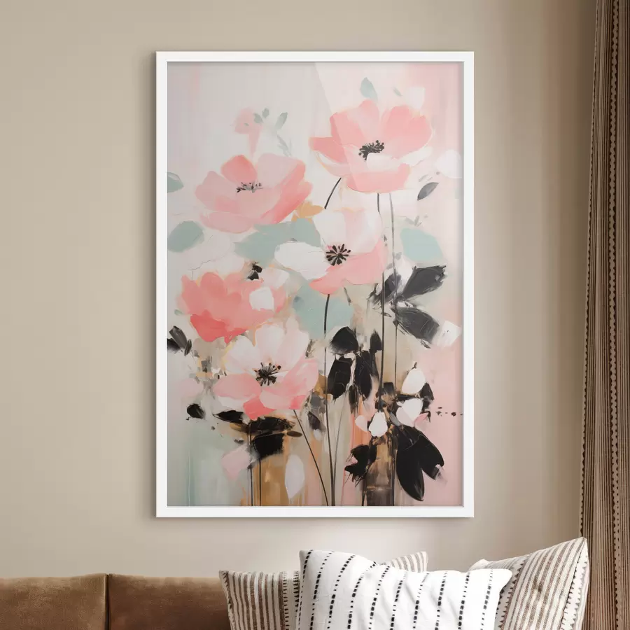 Papier peint Fleurs roses et noires avec des feuilles, couleurs pastel douces, composition florale abstraite, art minimaliste f46688