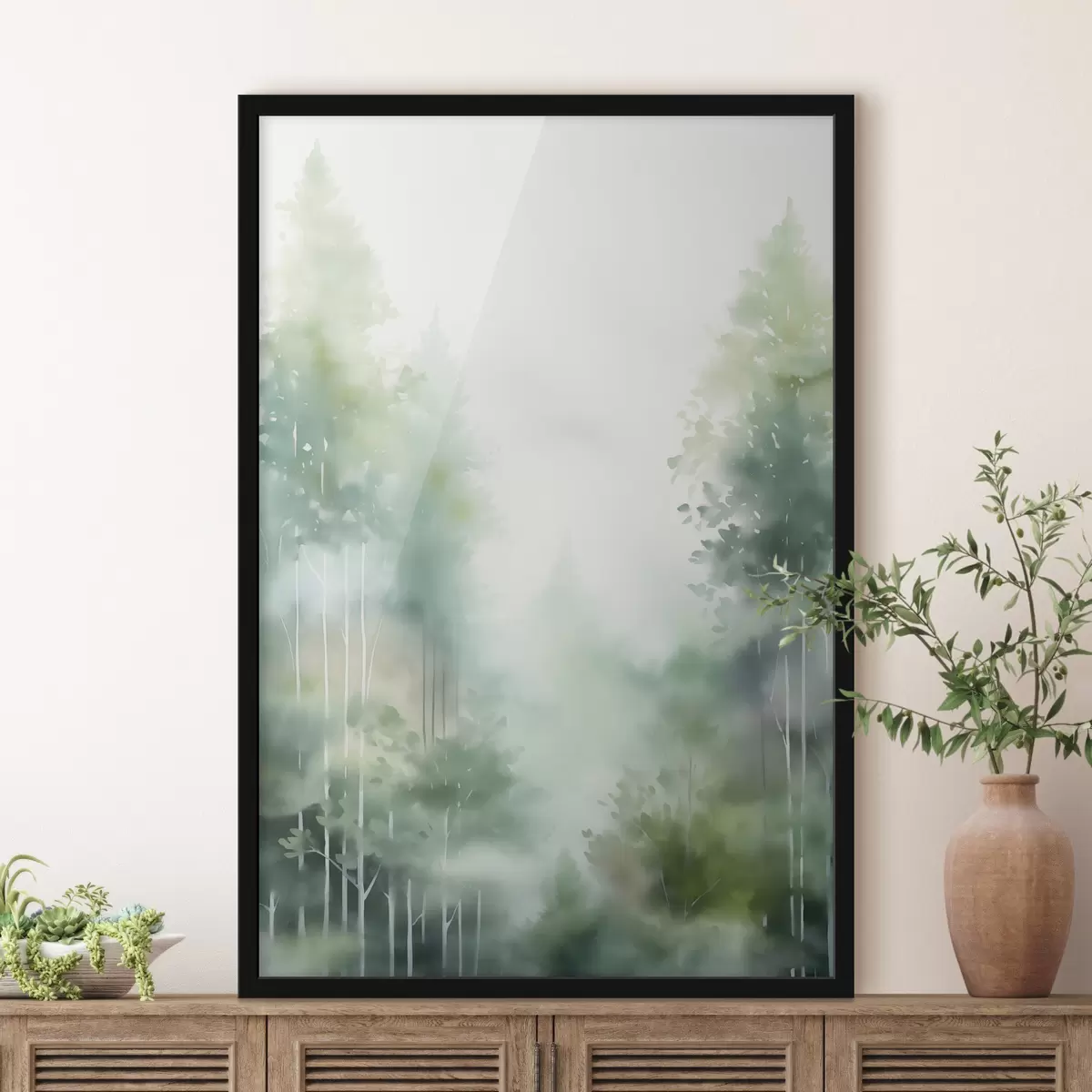 Poster Aquarelle représentant une forêt abstraite avec de grands arbres et un feuillage vert, dans des tons doux et discrets. f46689