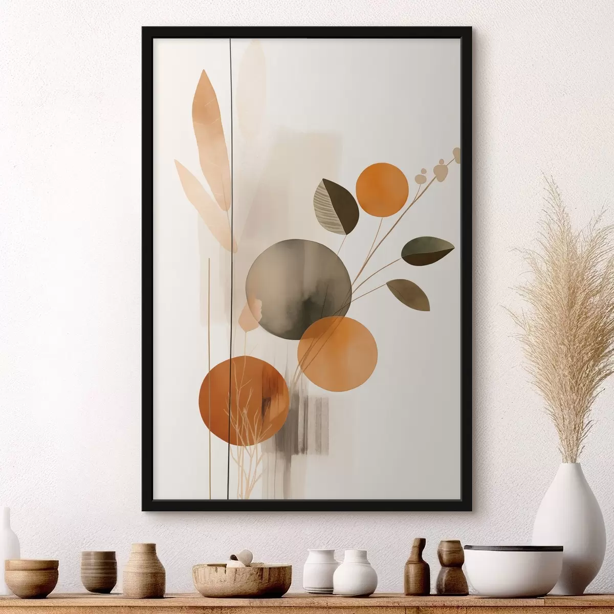Poster Imitation de peinture abstraite avec des cercles orange et gris, des feuilles et des branches, style moderne, effet aquarelle f46697