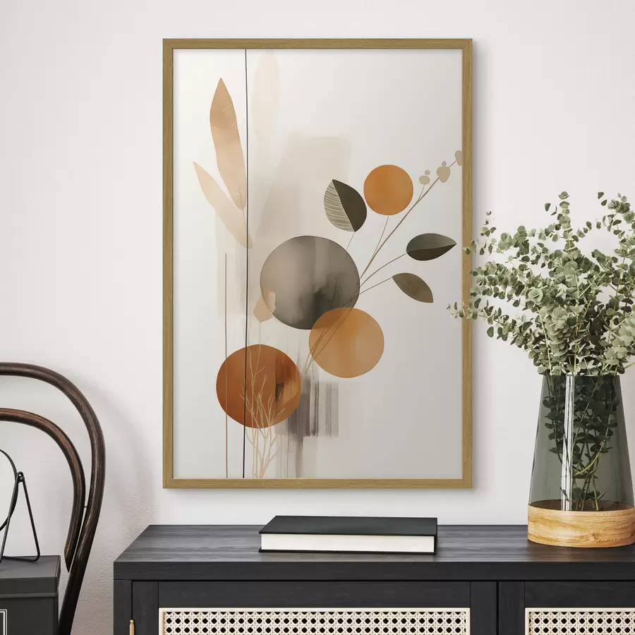 Papier peint Imitation de peinture abstraite avec des cercles orange et gris, des feuilles et des branches, style moderne, effet aquarelle f46697