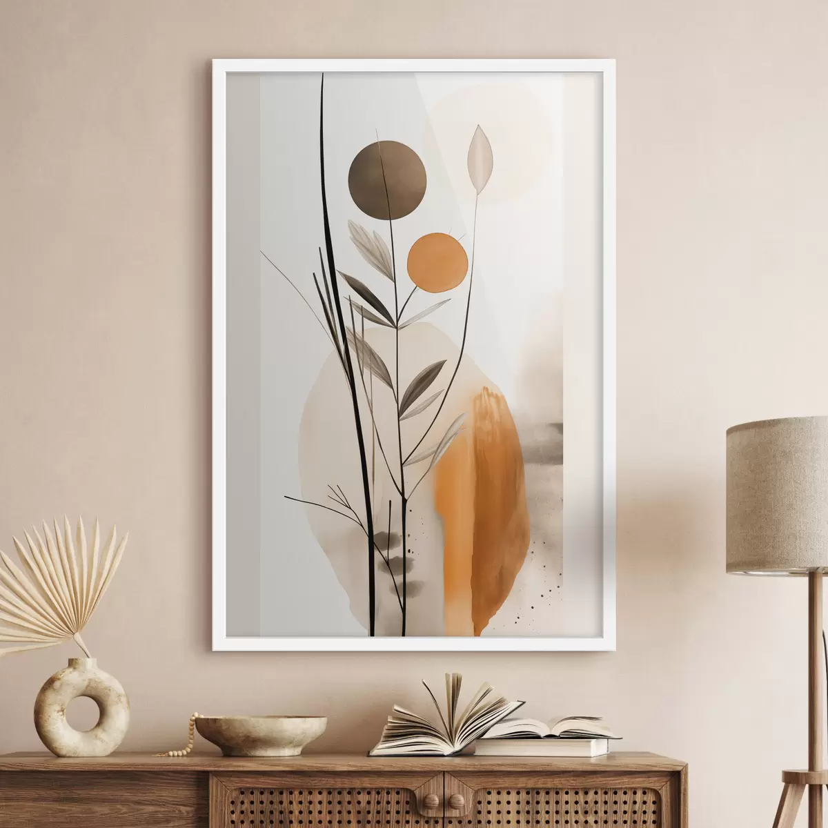 Poster Imitation de peinture abstraite avec des cercles orange et gris, des feuilles et des branches, style moderne, effet aquarelle f46698