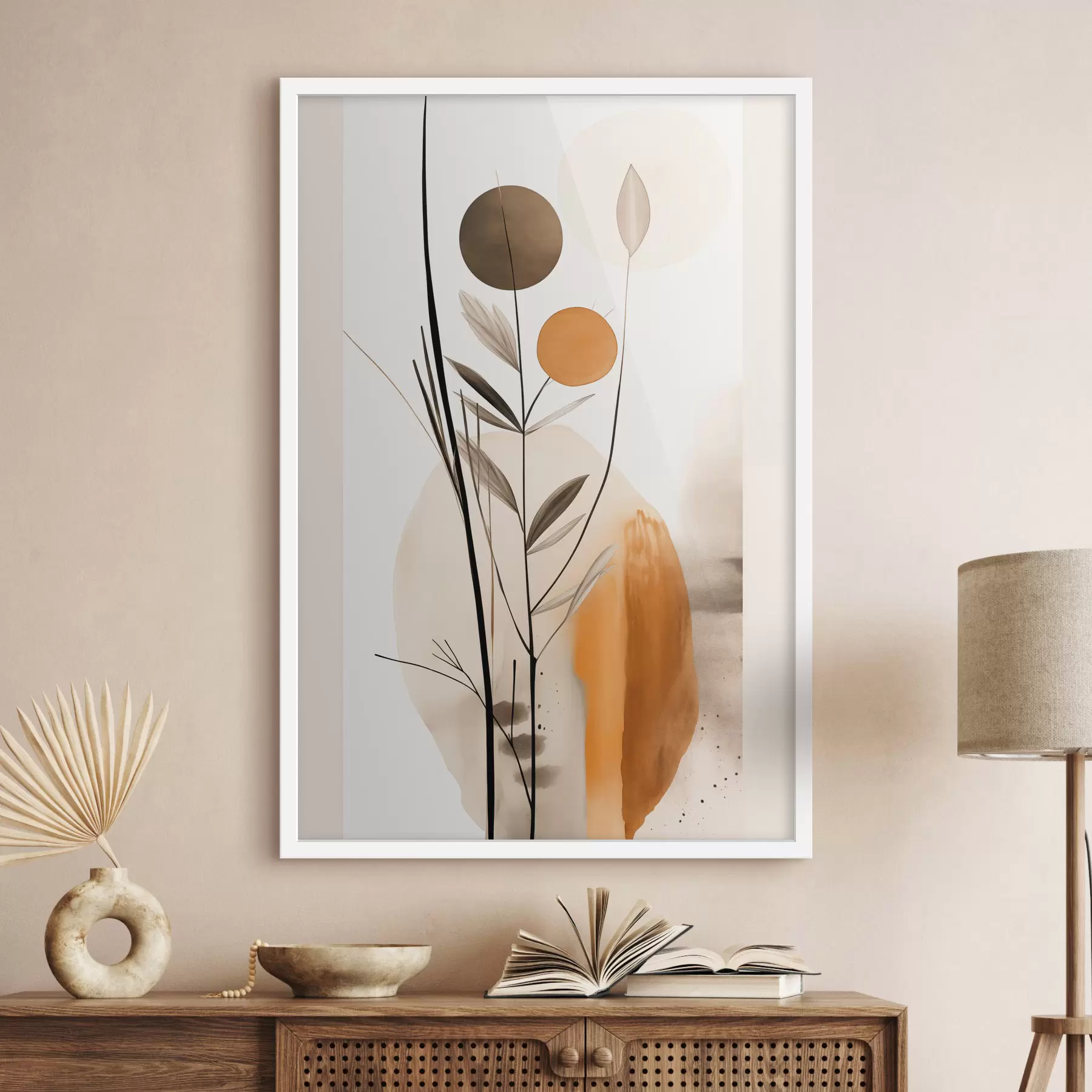 Papier peint Imitation de peinture abstraite avec des cercles orange et gris, des feuilles et des branches, style moderne, effet aquarelle f46698