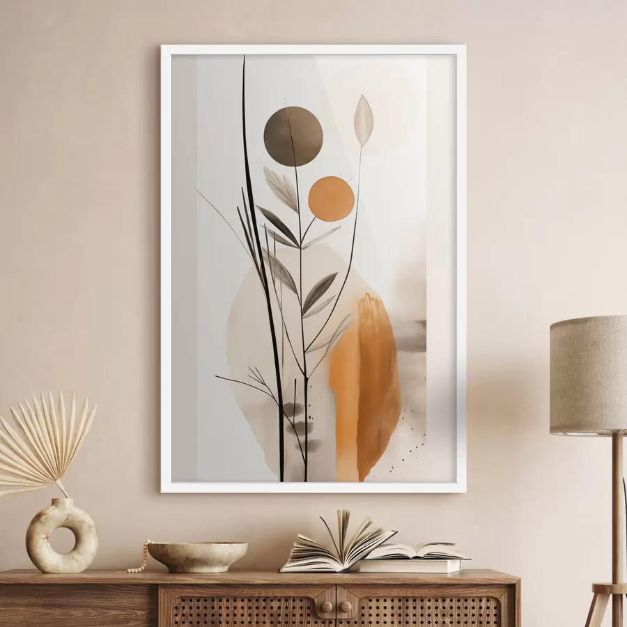 Papier peint Imitation de peinture abstraite avec des cercles orange et gris, des feuilles et des branches, style moderne, effet aquarelle f46698
