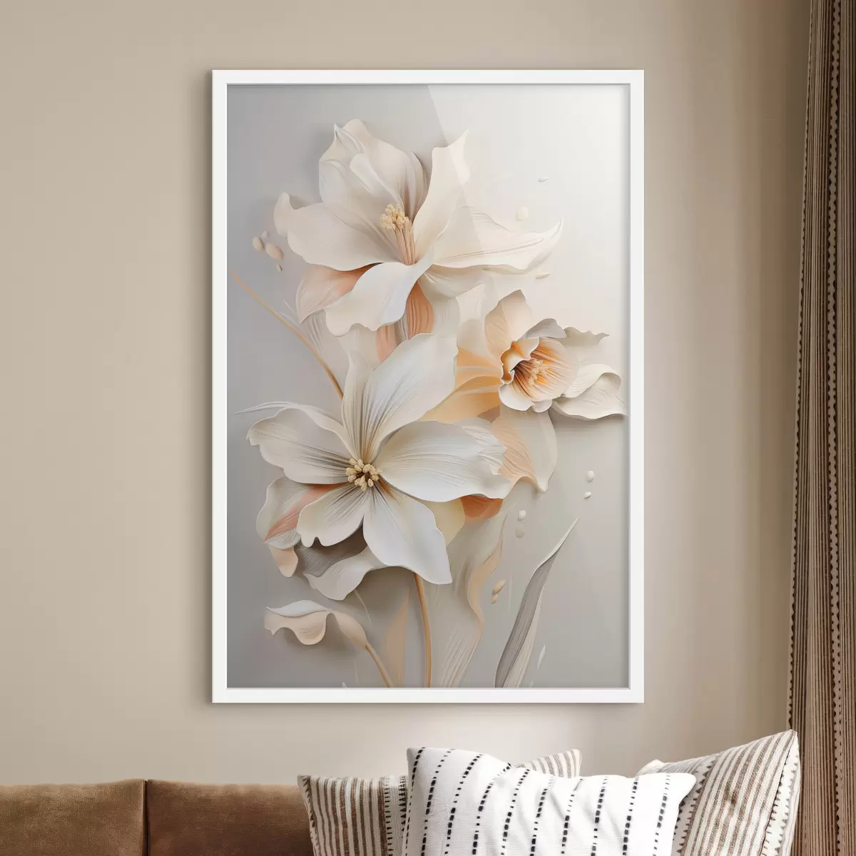 Poster Fleurs blanches, pétales aux ombres douces, fond beige clair, composition élégante, style minimaliste f46699