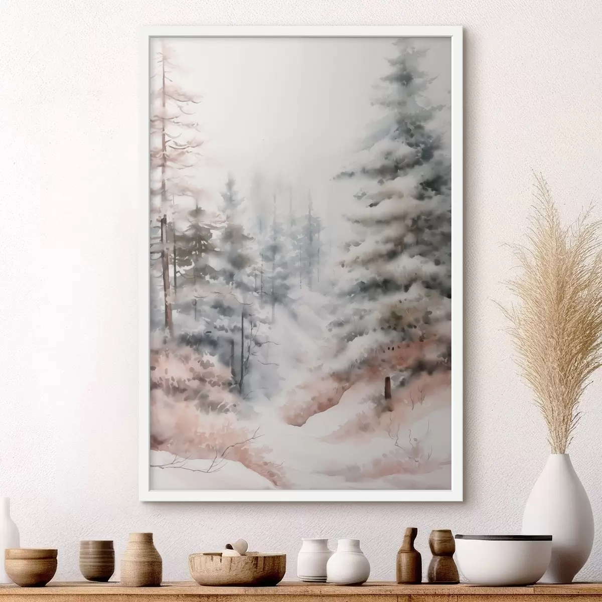 Poster De grands pins recouverts de neige, dressés dans une forêt brumeuse, une scène hivernale douce et feutrée. f46702