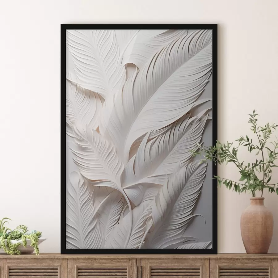 Papier peint Feuilles blanches aux détails complexes, créant un effet texturé et stratifié, art minimaliste f46706