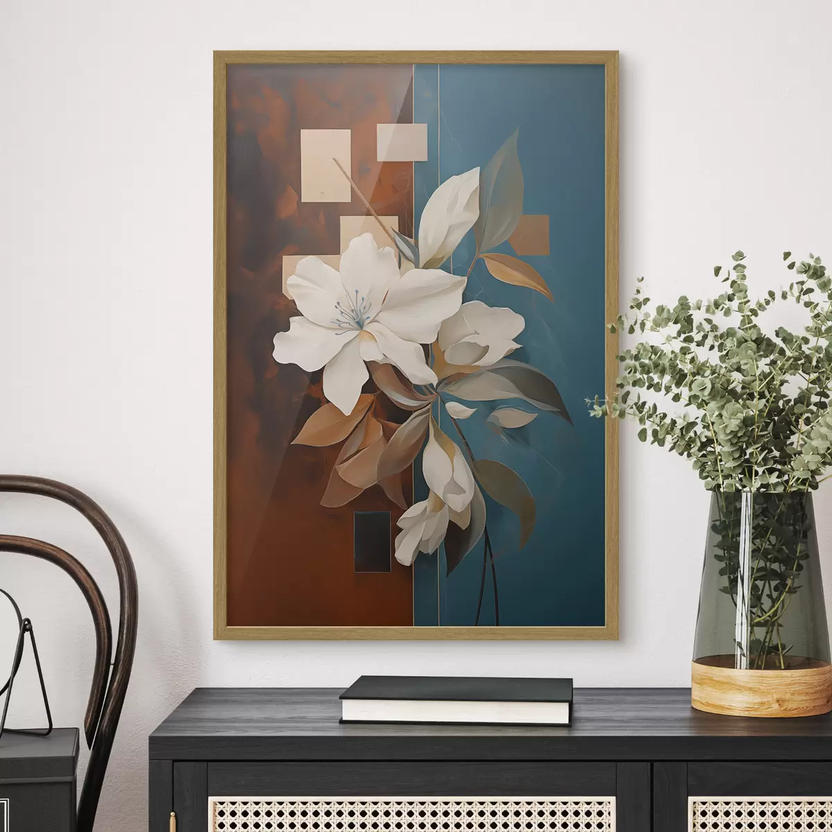 Poster Fleurs et feuilles blanches abstraites sur fond brun et bleu avec des formes abstraites, dans un style minimaliste f46709