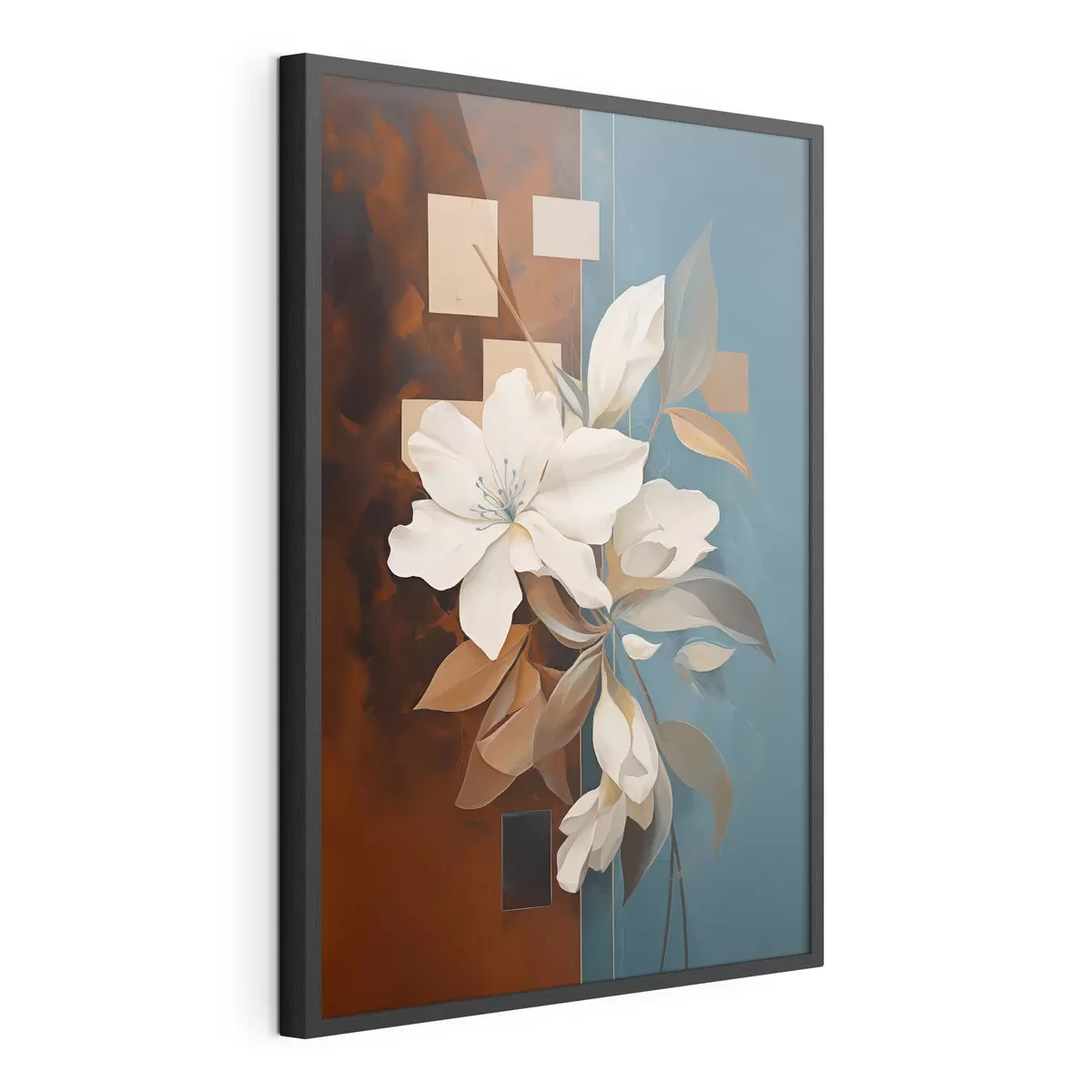 Poster Fleurs et feuilles blanches abstraites sur fond brun et bleu avec des formes abstraites, dans un style minimaliste f46709
