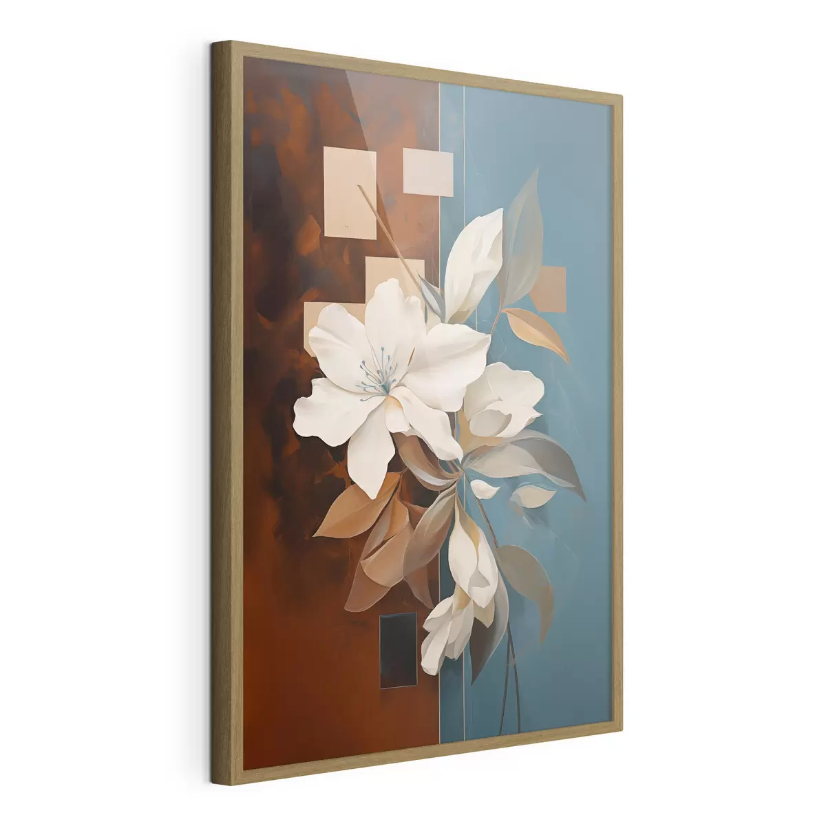 Poster Fleurs et feuilles blanches abstraites sur fond brun et bleu avec des formes abstraites, dans un style minimaliste f46709
