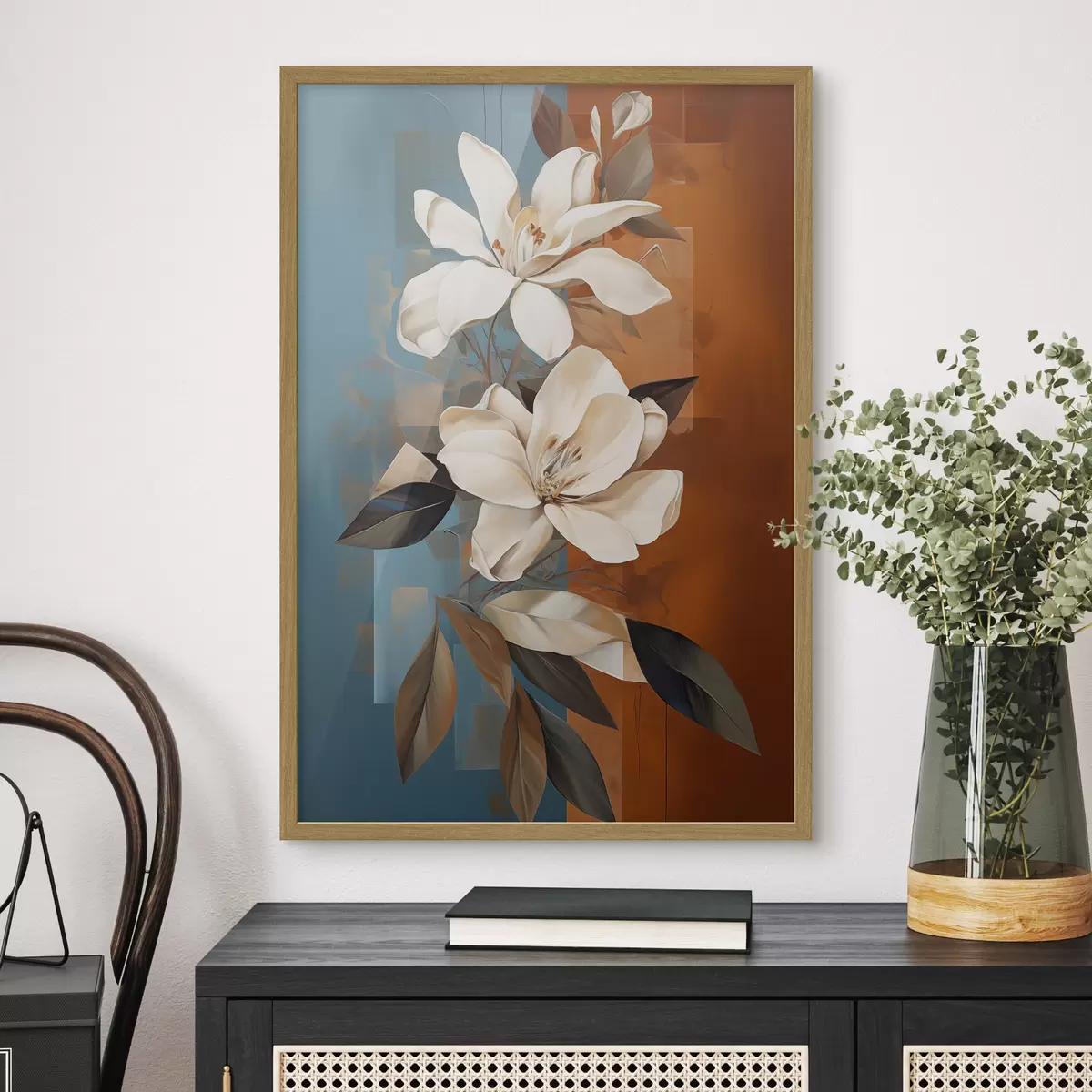 Poster Fleurs et feuilles blanches abstraites sur fond brun et bleu avec des formes abstraites, dans un style minimaliste f46710