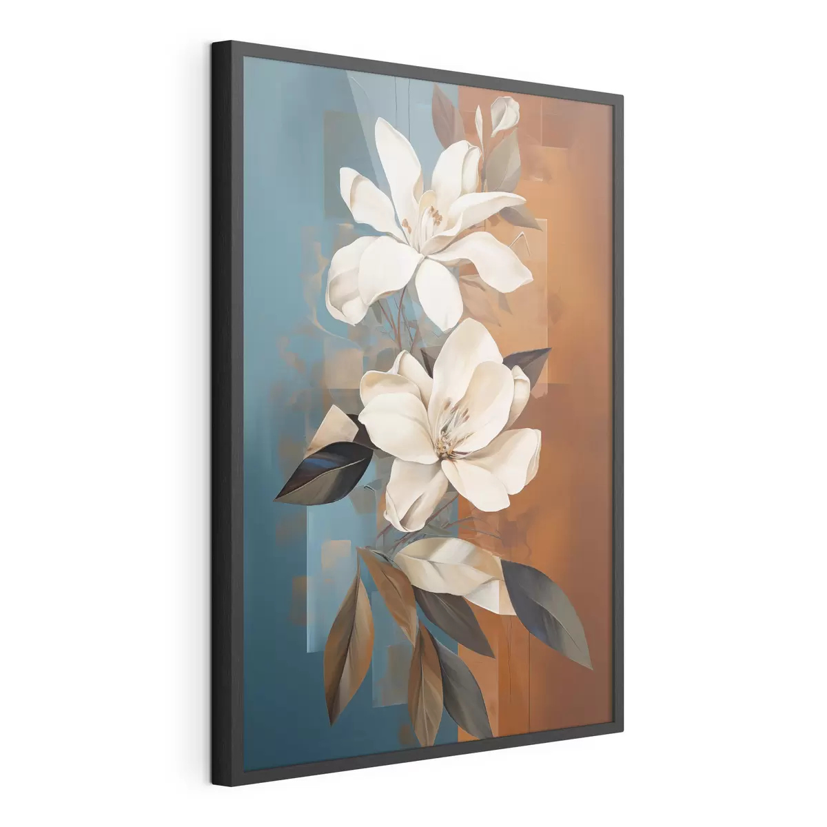 Poster Fleurs et feuilles blanches abstraites sur fond brun et bleu avec des formes abstraites, dans un style minimaliste f46710