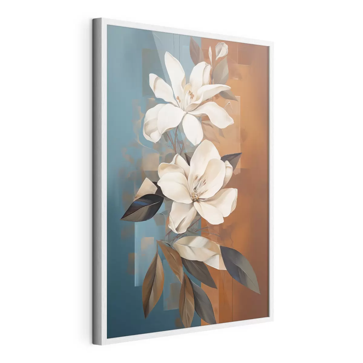 Poster Fleurs et feuilles blanches abstraites sur fond brun et bleu avec des formes abstraites, dans un style minimaliste f46710