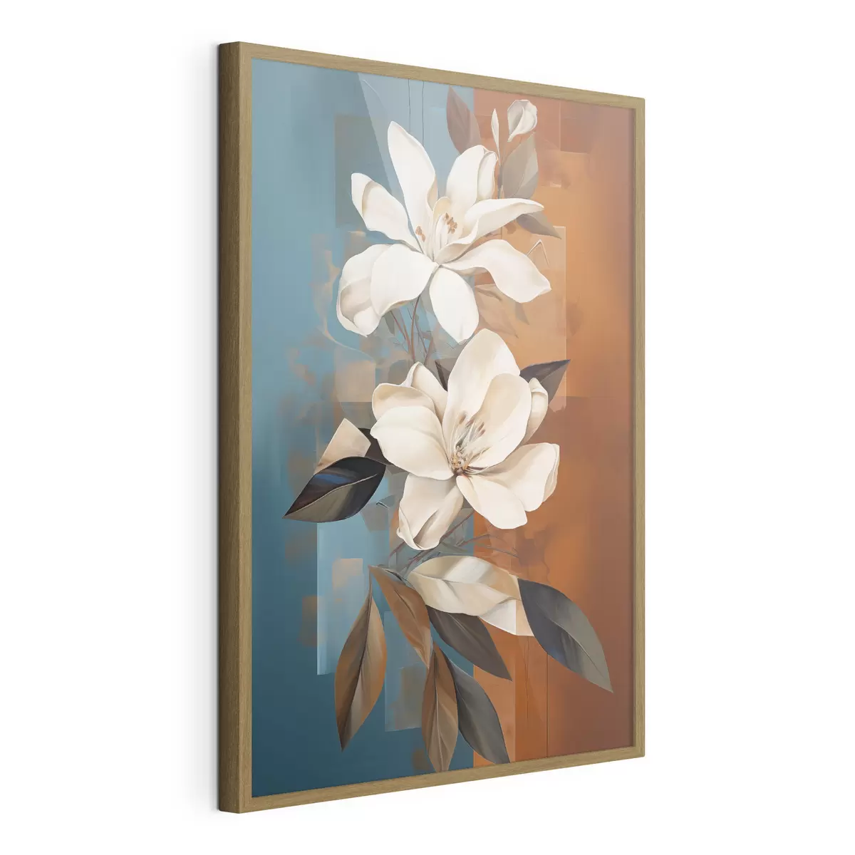 Poster Fleurs et feuilles blanches abstraites sur fond brun et bleu avec des formes abstraites, dans un style minimaliste f46710