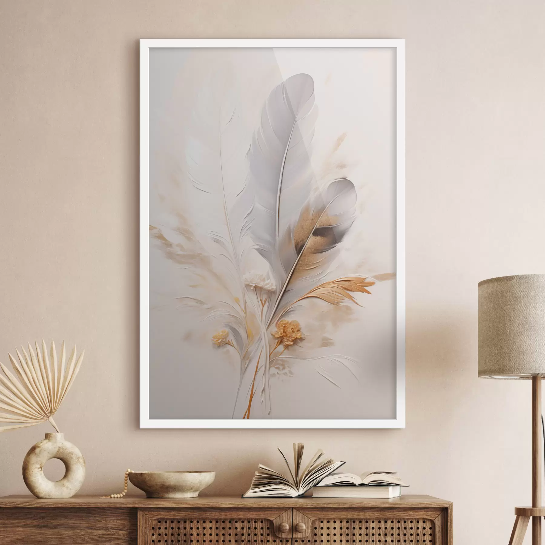 Papier peint Plumes abstraites, entourées de plumes beiges et brunes, douces et délicates, sur un fond beige clair. f46712